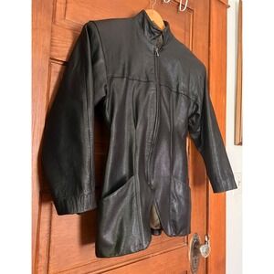 New Order Women Black Leather Jacket Mock Neck Zip Up Tailored Small